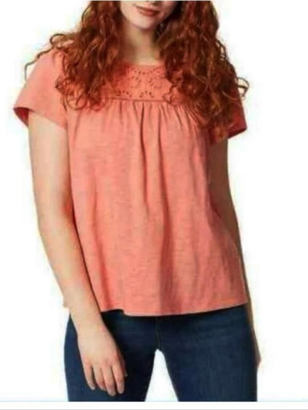 Ella Moss Womens Coral Pink Orange Lace Blouse T-shirt Cotton Modal Ruffle L